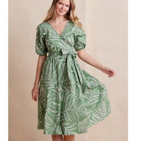 Summersalt The Coastal Poplin Puff Sleeve Wrap Midi Dress 2XL Green White Preppy - Picture 1 of 7